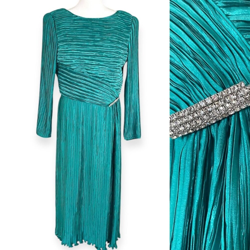 George F Couture I Magnin 80s Vintage Pleated Turquoise Formal Dress W/ Rhinesto